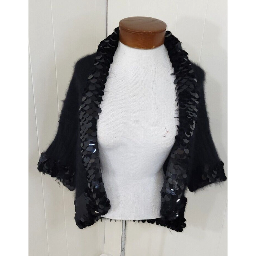 Catherine Malandrino Womens Small Black Angora Fuzzy Sequin 3/4 Sleeve Cardigan
